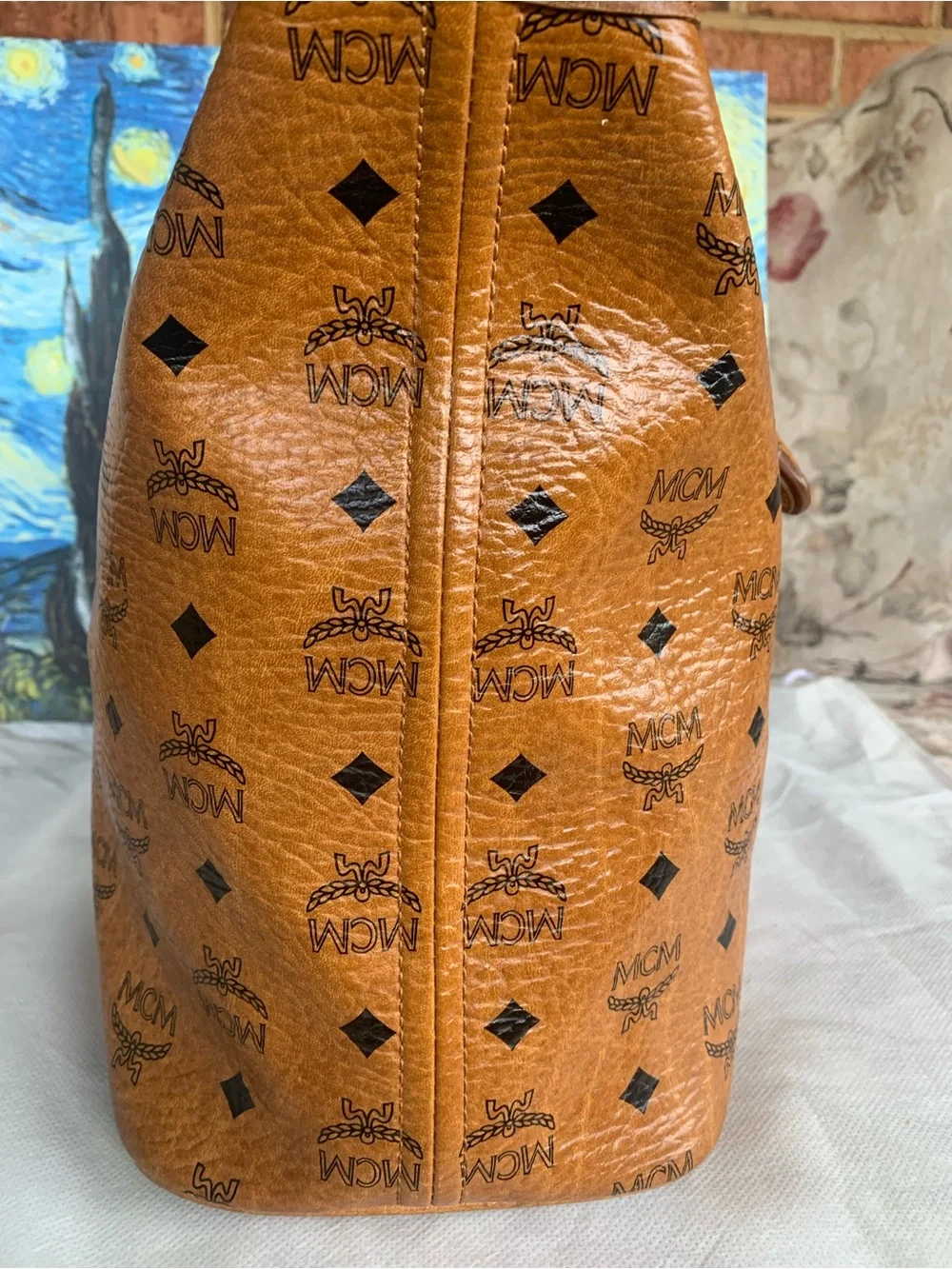 MCM Cognac Visetos Tote with Navy and Orange Center Stripe with Bone. EUC - Picture 4 of 16